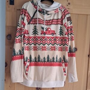 AMPERSAND AVENUE, XXL, CHRISTMASFestive Red and Cream Hoodie with Truck Pattern
